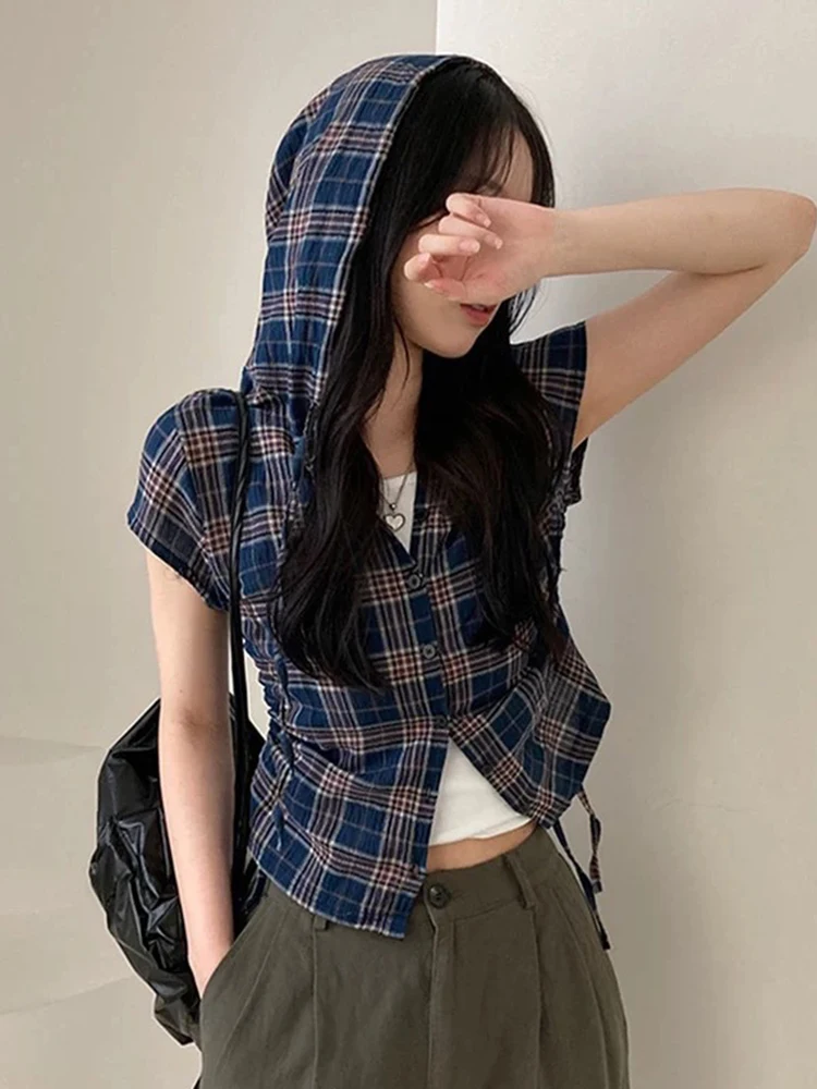 

Vintage Plaid Hooded Shirt Women Slim Short Sleeve Summer Casual Blouse Retro Single Breasted Female All Match Ins New Tops New