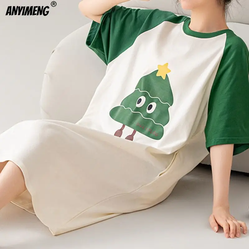 100% COTTON! Summer Women New Cartoon Nightgown Brand New Anti-bacterial HQ Nightdress Short Sleeves Sleepshirt Casual Dress