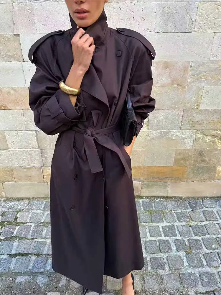 

New European and American style women's versatile thick double-breasted casual long trench coat with belt