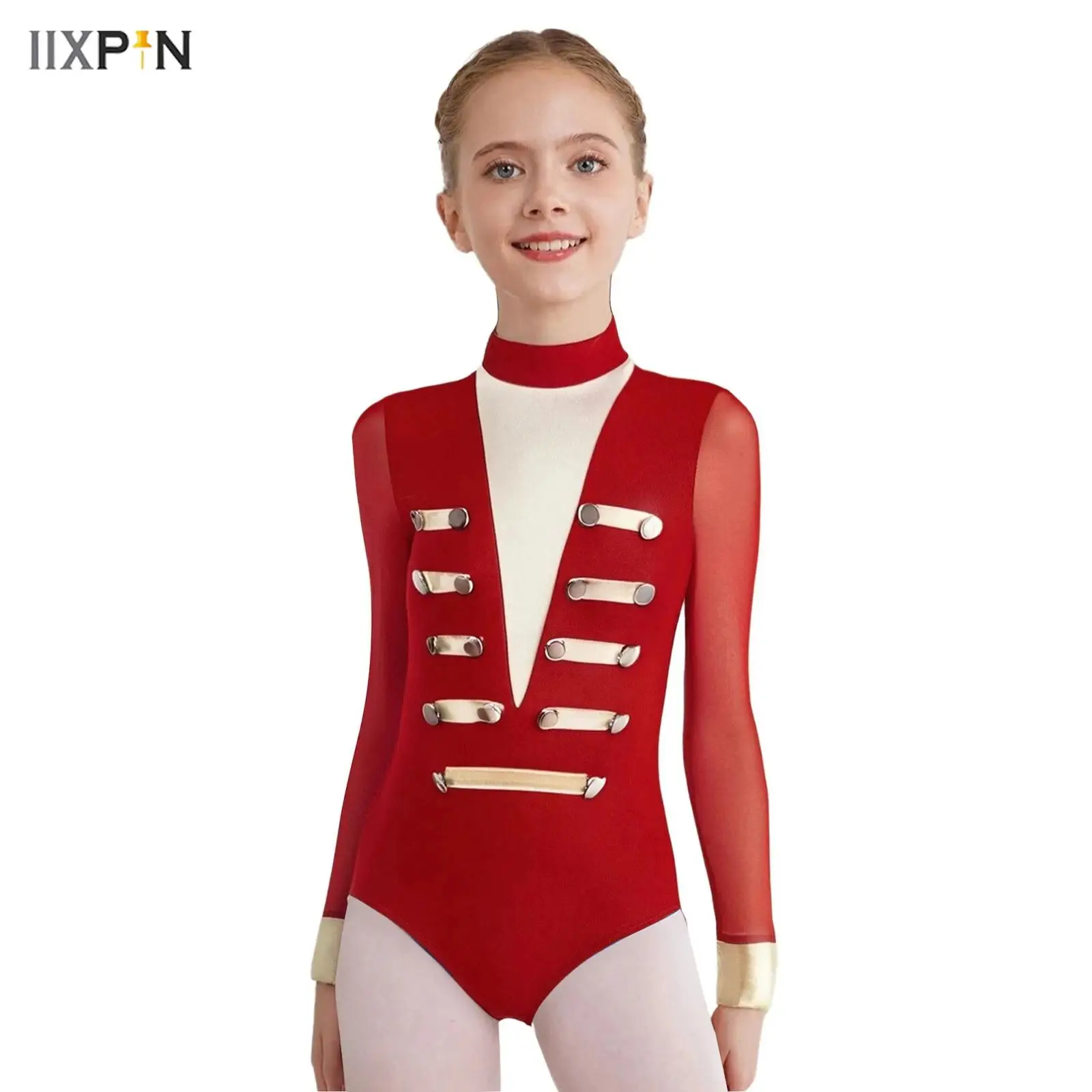 

Kids Girls Figure Skating Dance Leotard Metallic Stripes Sheer Mesh Long Sleeves Buttons Bodysuit Gymnastics Performance Costume