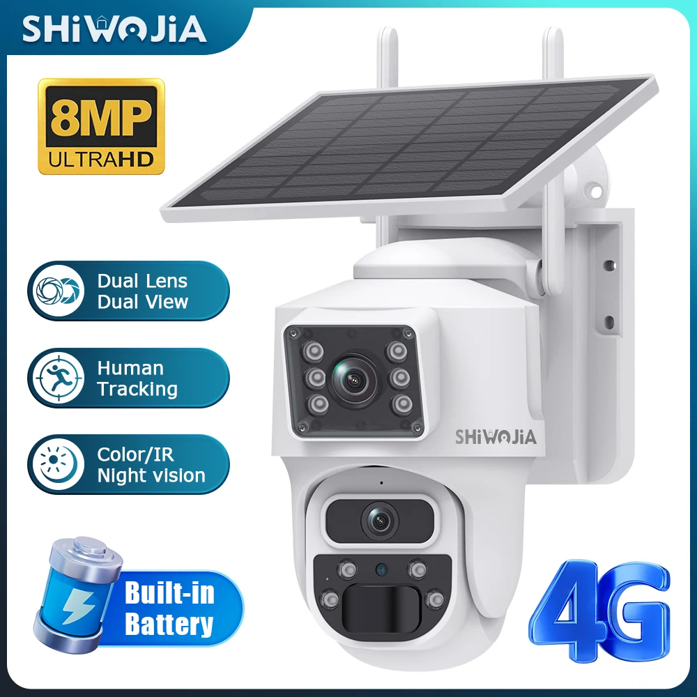 

SHIWOJIA 4K 8MP Солнечная камера 4G Sim Двойной объектив Безопасность Двойной экран Запись Гуманоид Отслеживание Цвет Ночное видение WiFi PTZ Cam