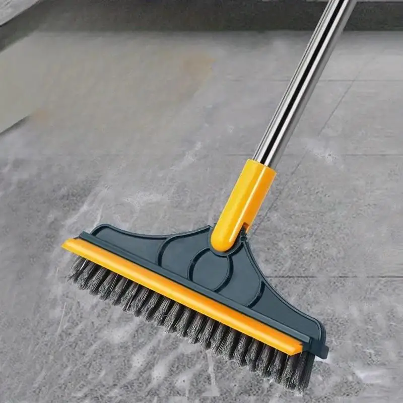 Adjustable long handle bathroom brush with inclined bristles and glass scrubber-suitable for toilets, showers hotels.