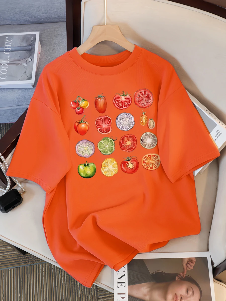 Camiseta con gráfico de colección de variedades de tomate para mujer, ropa de moda de verano, camisetas informales de manga corta de calle de algodón de Hip Hop