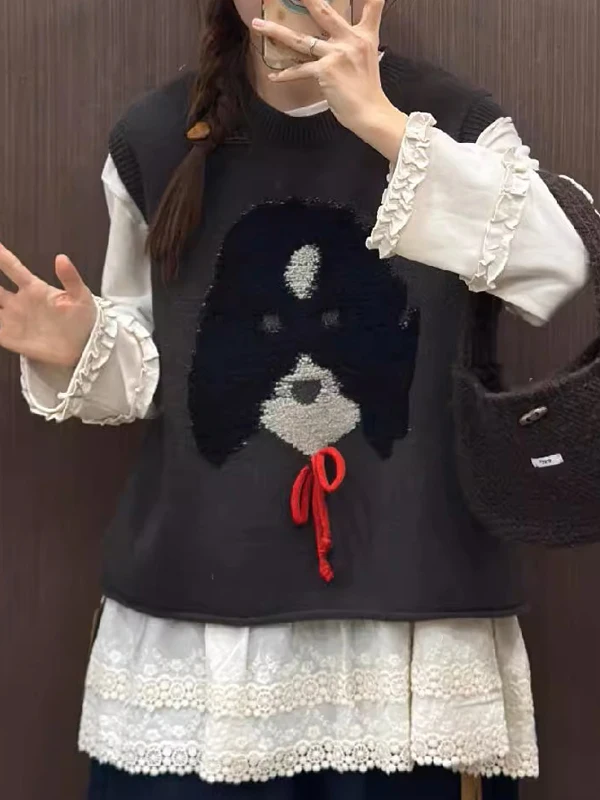 

Adorable Lazy Large Size Knitted Vest Layering Faion Brand Autumn Winter Warm Cozy round Ne Casual Animal Patterned Top