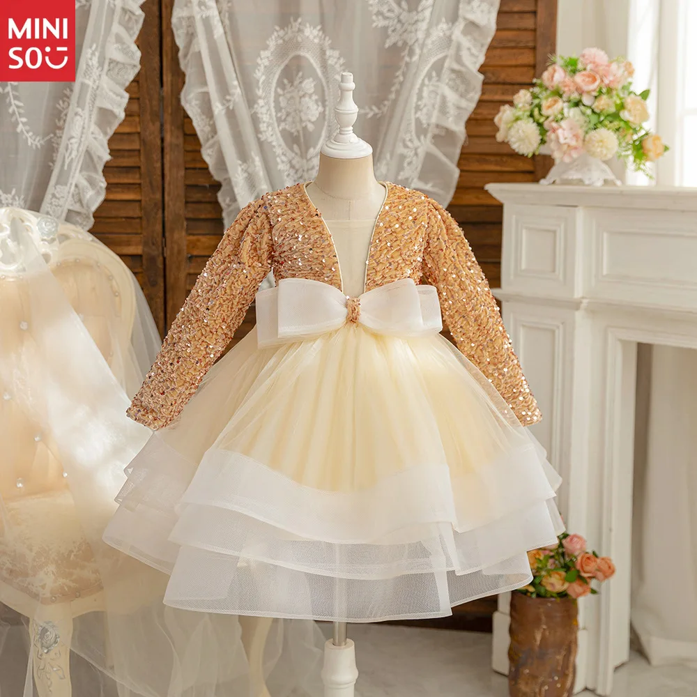 

Miniso Girls Sequin Party Dress with Puffy Sleeves, Luxury Pageant Gown for Flower Girl & Performance
