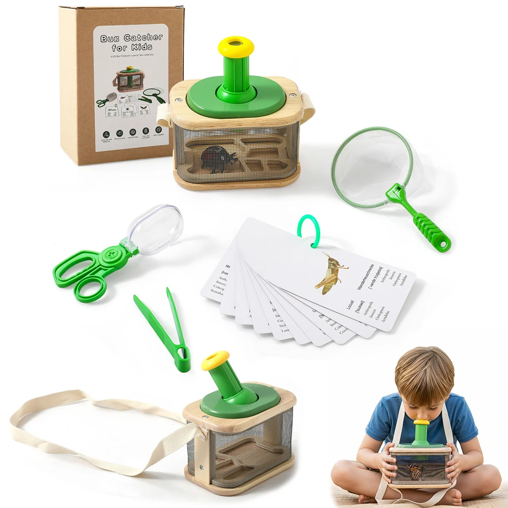 

Wooden 360 Rotating Insect Observation Box Kit with Catcher Clip Catching Net Nature Exploration Set for Kids Outdoor Learning
