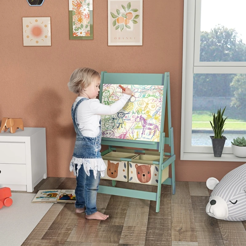 Chevalet d'art 3-en-1 pour enfants avec rouleau de papier, tableau noir, tableau blanc et paniers de rangement, vert - Station de dessin double face pour tout-petits, design animal mignon, support stable en forme de A, idéal pour la chambre, la salle de jeux et l'espace d'apprentissage, âges 3-8 ans