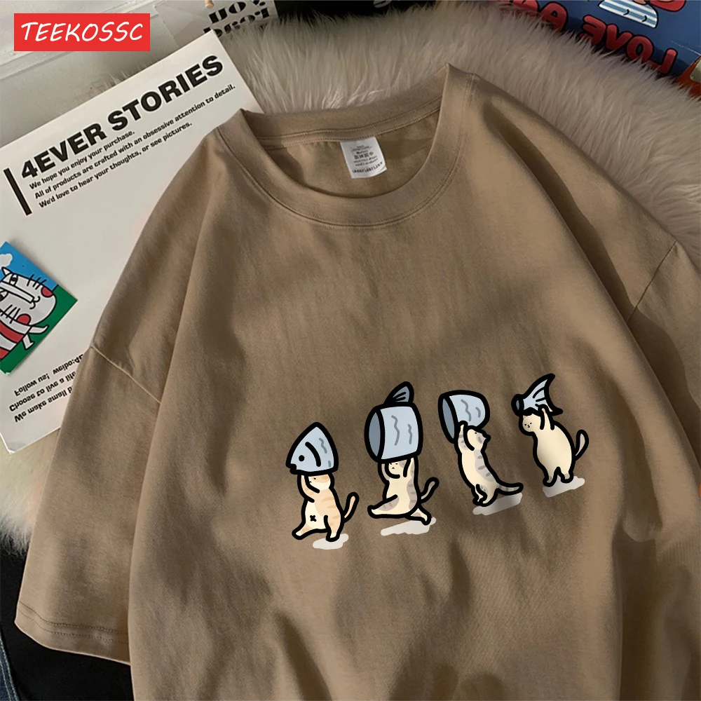 Vier Kleine Katzen Halten Fishcotton Frauen T-Shirts Cartoons Drucke T Shirts Weiche Oansatz Lose Kurzarm Tops Sommer Kleidung – Detail 31
