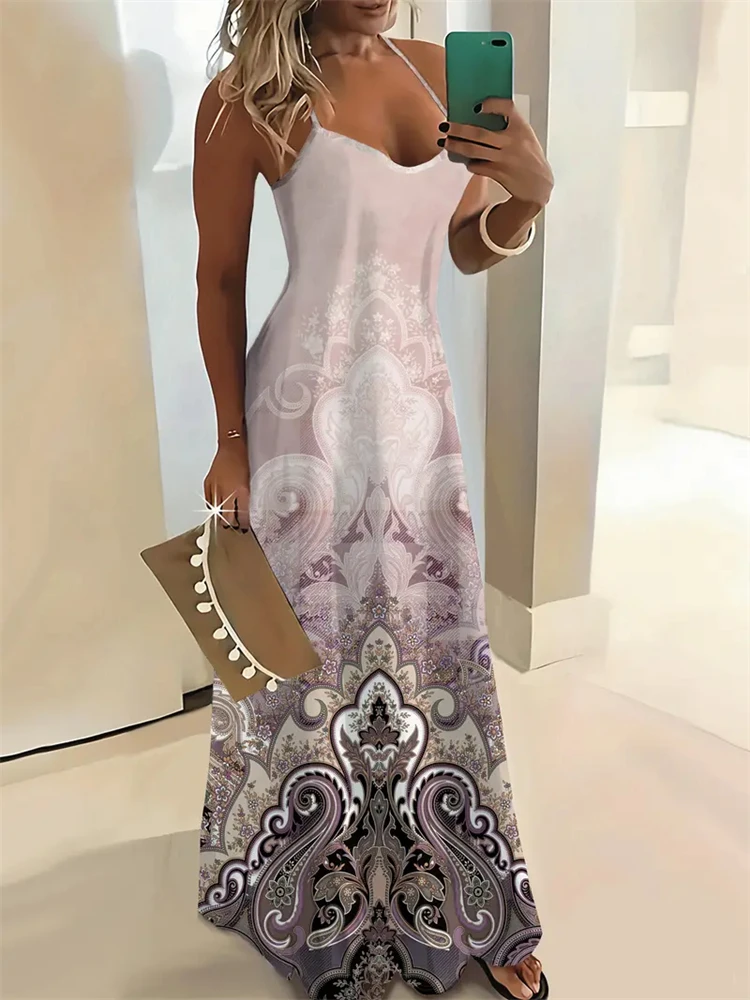 Women\'s New Fashion Summer Sleeveless Dress Casual Long Retro Strap Dress Street 3D Texture Print Comfortable Breathable Dress