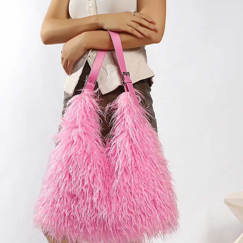 Fashion Faux Fur Shoulder Bag Large Capacity Tote Handbag Winter Autumn Fluffy Soft Crossbody Work Daily Women Commute Bag