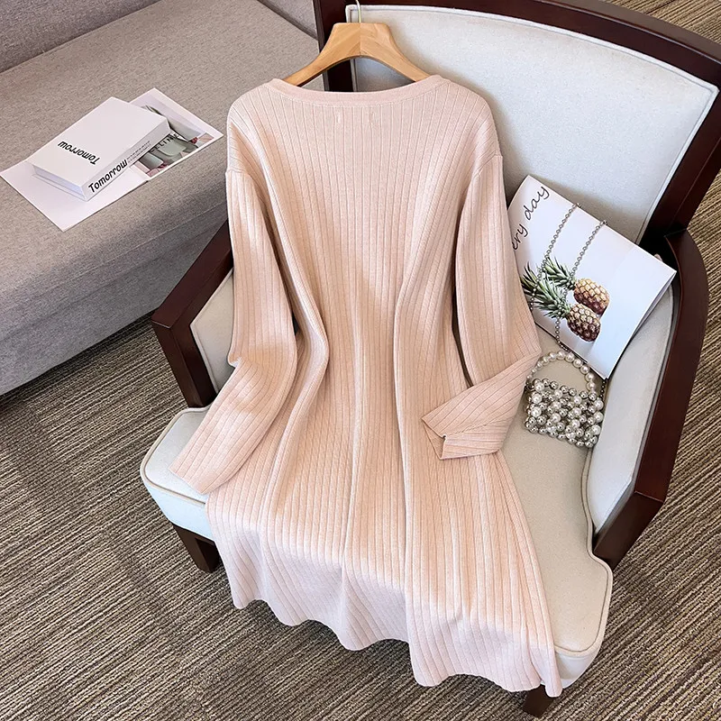 150Kg Plus Size Women's Bust 160 Spring Autumn Winter Loose Long V-Neck Sweater Dress Black Apricot 5XL 6XL 7XL 8XL 9XL