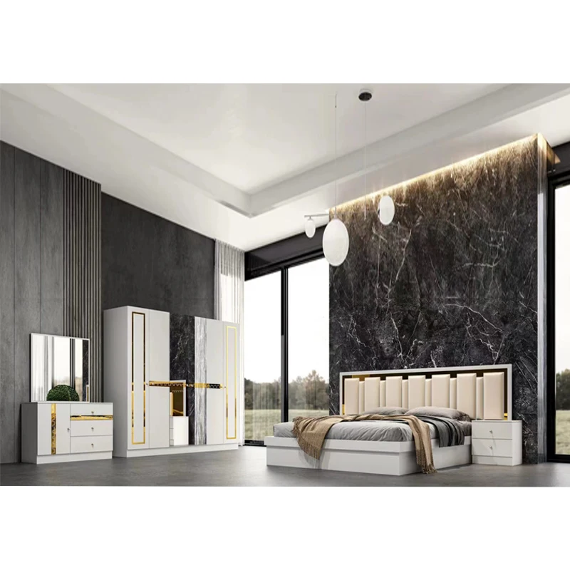 ！@Simple Complete Wooden MDF Bedroom Sets king Size Bed Room Double Wood Frame Modern Luxury Home Full Bedroom Furniture Set