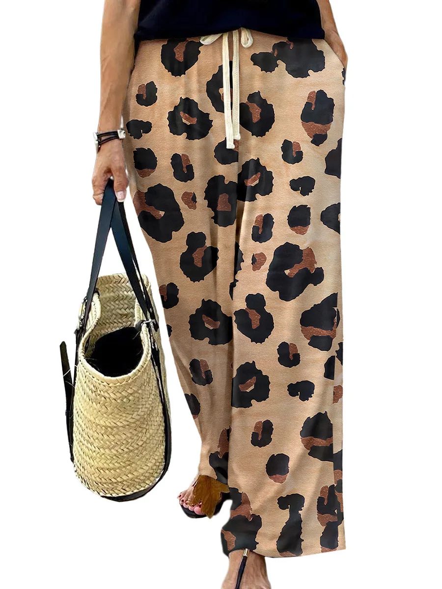 Hot selling new autumn leopard print wide leg pants personalized drawstring high waist casual trousers for women