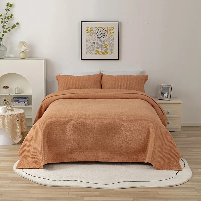 American Style Embroidered Quilt Set 3Pcs - Washed Cotton Coverlet with Rustic Stitch, Lightweight Bedspread for All Seasons