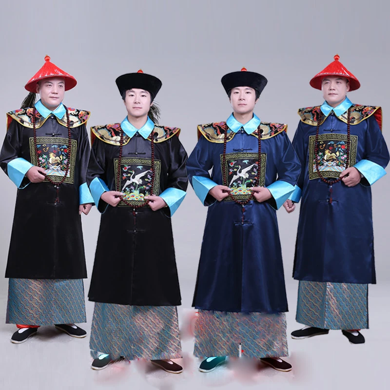 Ancient Black Military Official Civil Official Uniform Qing Dynasty Ancient Clothes Men\'s Cheongsam Sent Hat Buddha Beads Shawl