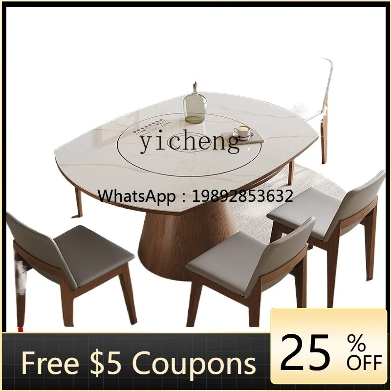 

AA retro wind rock slab dining table induction cooker turntable automatic rotation telescopic folding solid wood table