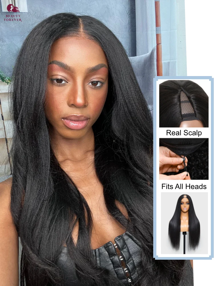 Beautyforever No Leave Out V Part Wig Human Hair Yaki Straight / Kinky Straight Human Hair Wig Density 200% Machine Made Wig