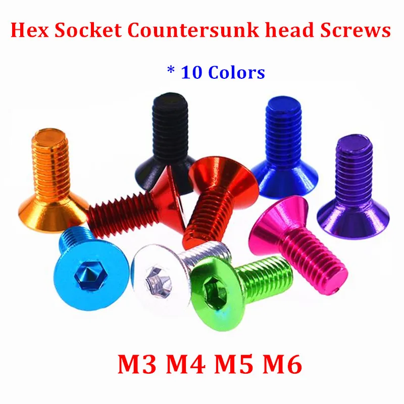 10pcs/lot Aluminum Flat Screws M3 M4 M5 M6x6/8/10/12/14/16 Flat Hex Socket Countersunk head Screws Bolts Anodized Color