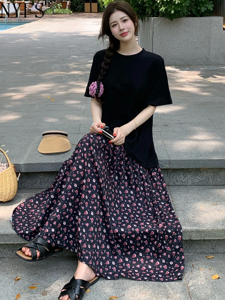 

NYFS 2024 Summer New Korea Woman Dress Vestidos Robe Elbise Loose Plus Size Patchwork Small Floral Hem Short Sleeve Long Dress