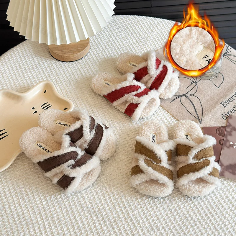 

Girl's Retro Warm Fluffy Hairy One Word Slippers 2025 Winter Childrens' Fashion Versatile Plush Comfortable Soft Cotton Draggers
