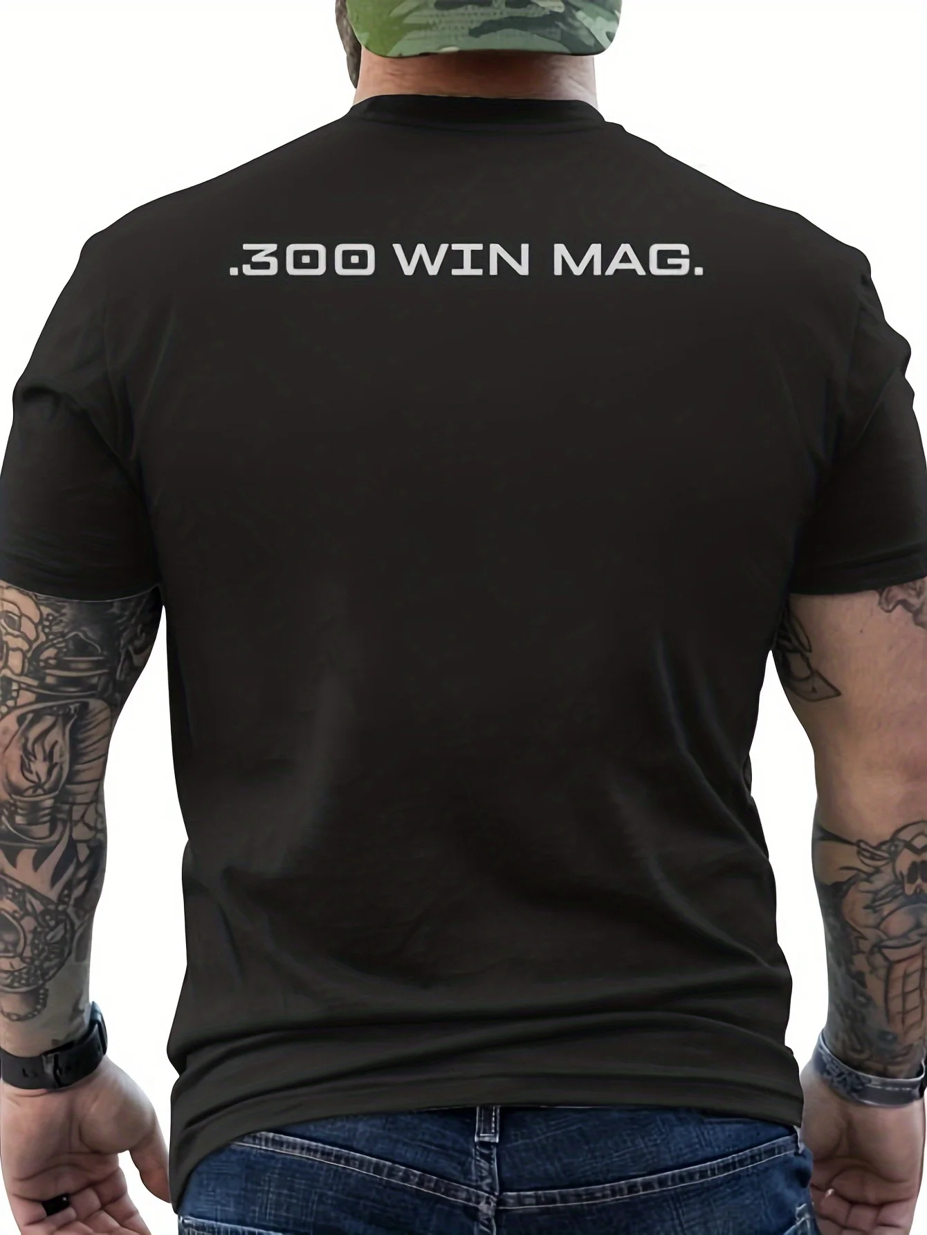 Men'S Heavy-Duty 300 Winchester Magnum T-Shirt Printed on The Back with Long-Range Rifle Ammunition Cartridges Clothing