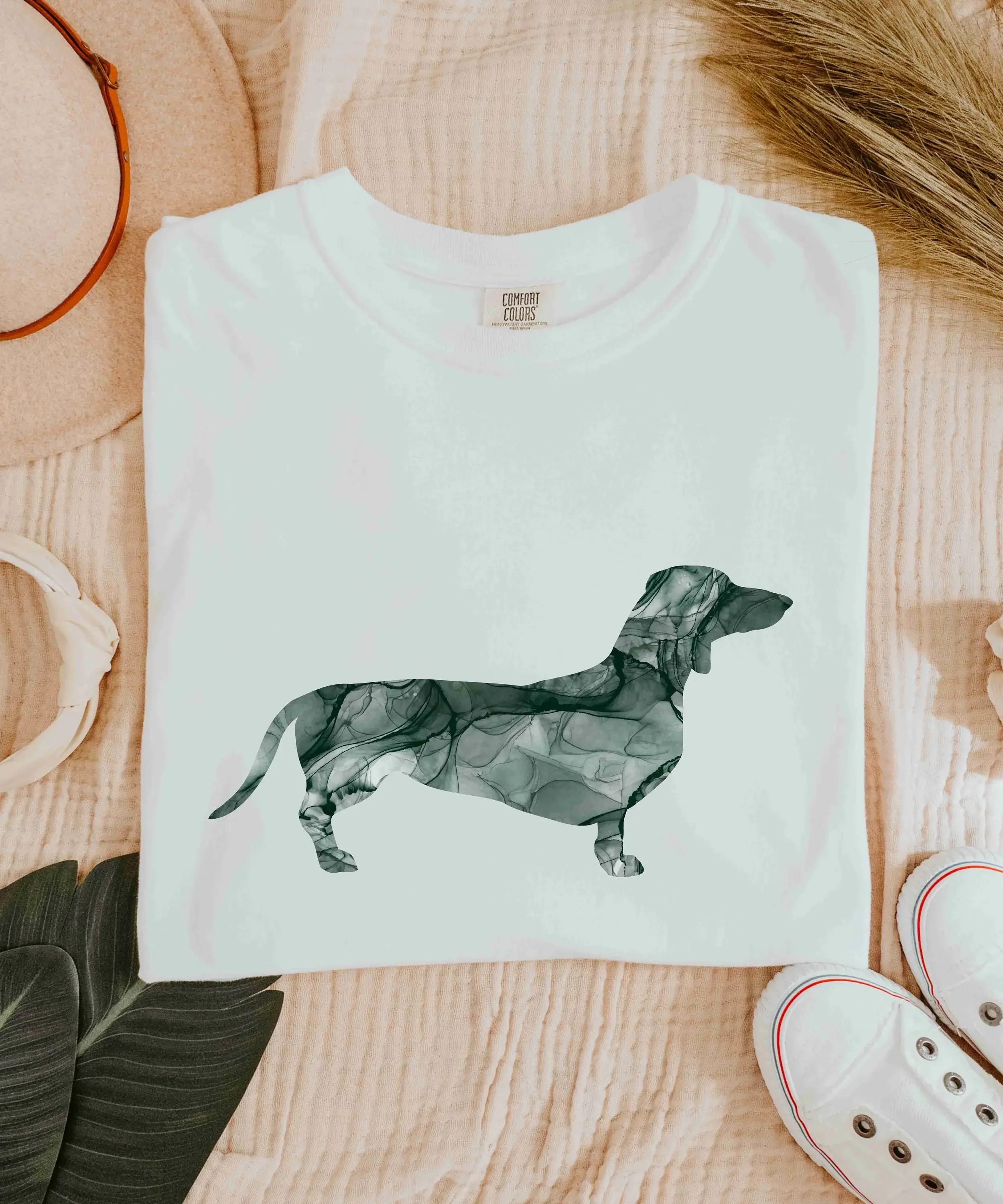 Dark Green Dachshund Dottie Weiner Dog Silhouette Alcohol Ink Emerald Marble Multicolor Heavy Weight Comfort Colors T Shirt