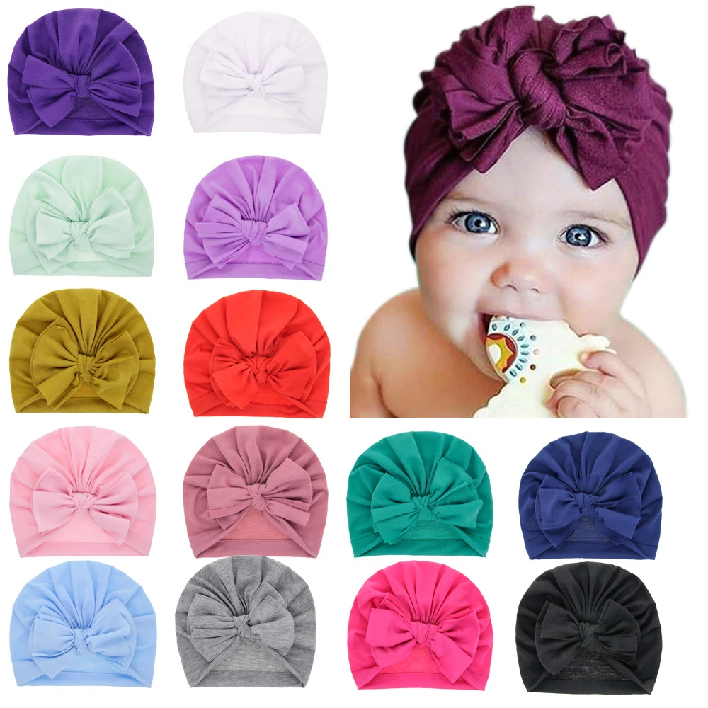 Children Solid Baby Hat Kids Cap Newborn Girls photography Props Spring Autumn Modis Turban Infant Props Flower Bow Beanie