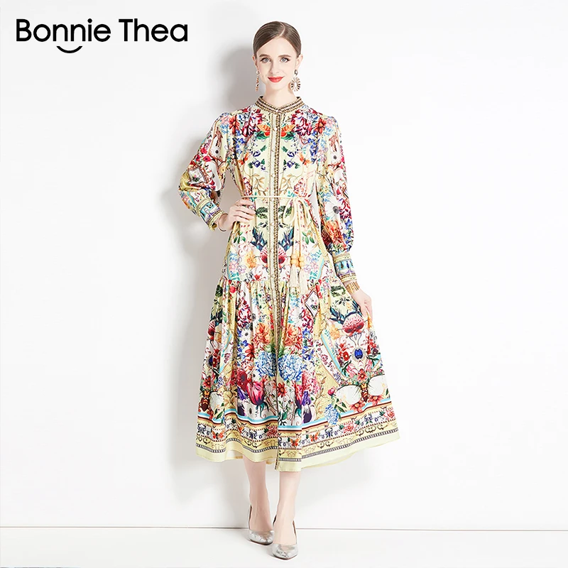 

Bonnie Thea Maxi Dress Autumn Elegant Print Dress Women Standing Neck Lantern Long Sleeve Vintage Party Long Dresses