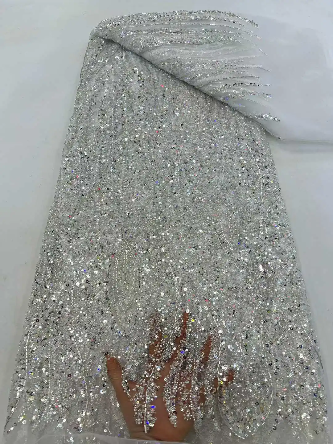 

Высококачественные кружевные ткани с бисером для свадебных платьев, белое свадебное кружево с пайетками, роскошная африканская кружевная ткань, 5 ярдов