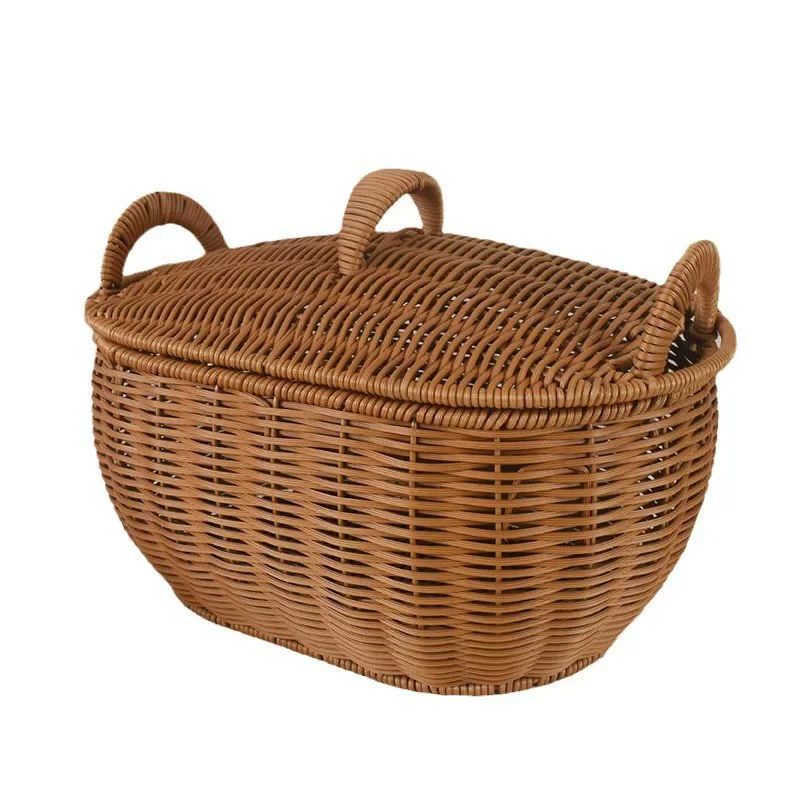 

Handmade PE rattan basket, oval storage basket with lid, household organizing fruit and snack basket, picnic storage basket