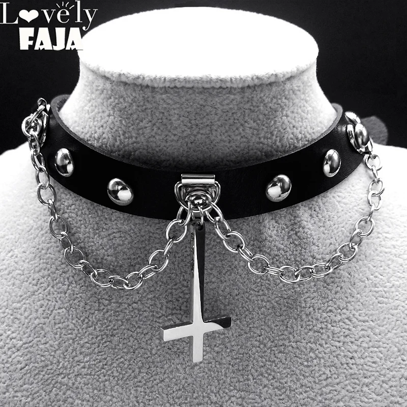 Harajuku Choker Goth Satan Inverted Peter's Cross Necklace Stainless Steel PU Leather Cosplay Anime Necklaces Jewelry Gift NXS03