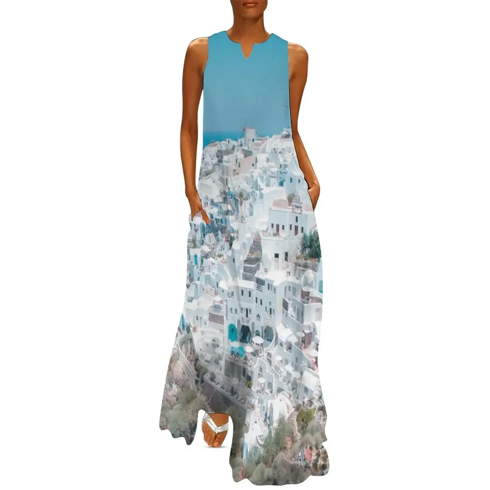 

Santorini, Oia landscape Long Dress luxury woman party dress elegant dresses plus sizes Women's summer suit Dress