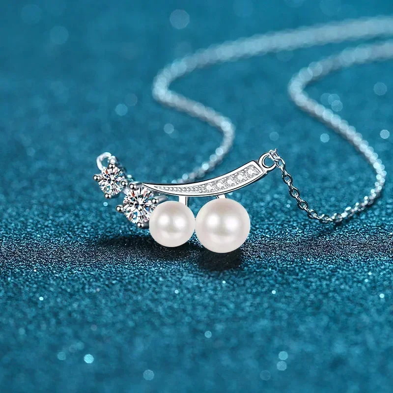 

Classic 0.43CT Moissanite Diamond 6mm Freshwater Pearl Pendant Collar Chain, PT950 Platinum Necklace for Women Brilliant gift