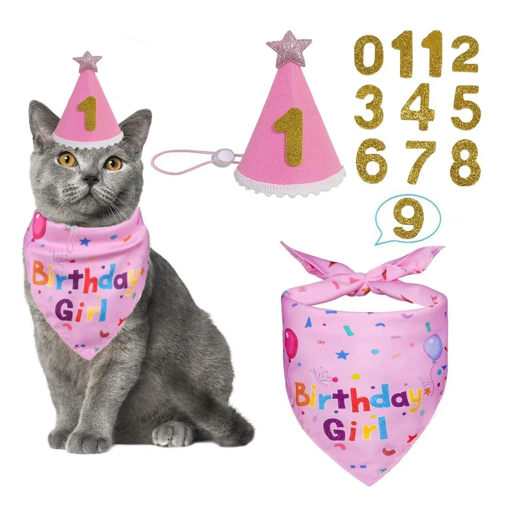 

Cute Dog Birthday Hat Set Adjustable Sequins Pet Birthday Caps Colorful with Numbers Bowtie Dog Birthday Bib Puppy Costume
