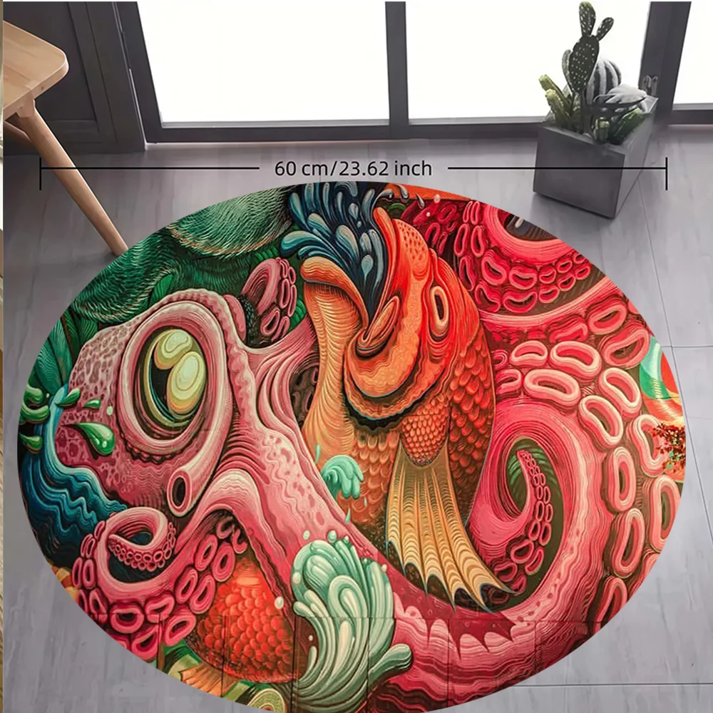 Octopus Koi Fish Fantasy Marine Life Round Rug Flannel Non Slip Vibrant Colorful Artistic Floor Mat for Living Room BedroomDecor