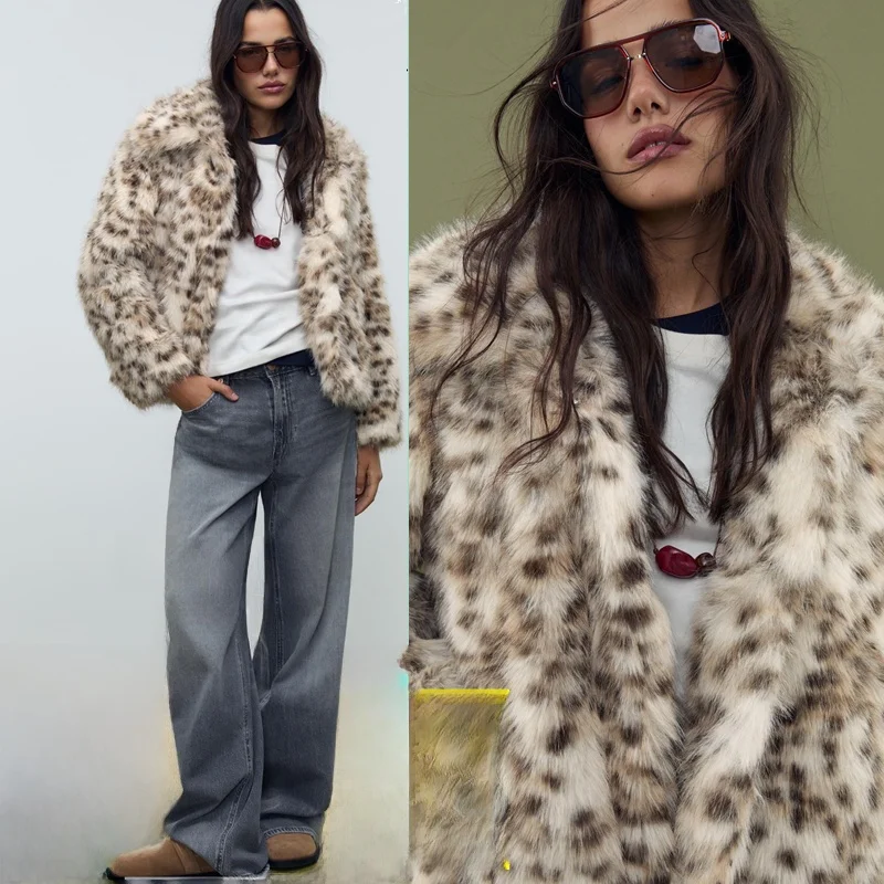 

Свободное пальто из искусственного меха с отложным воротником и узором в горошек для женщин, осень 2025, корейский стиль, для повседневной носки, модная верхняя одежда