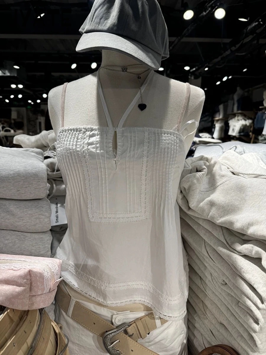 女性用の白いスクエアネックホルターストラップキャミソール、コットンレーストリム、ノースリーブベスト、甘いヴィンテージシックなタンクトップ、y2k、かわいい、新しい、夏