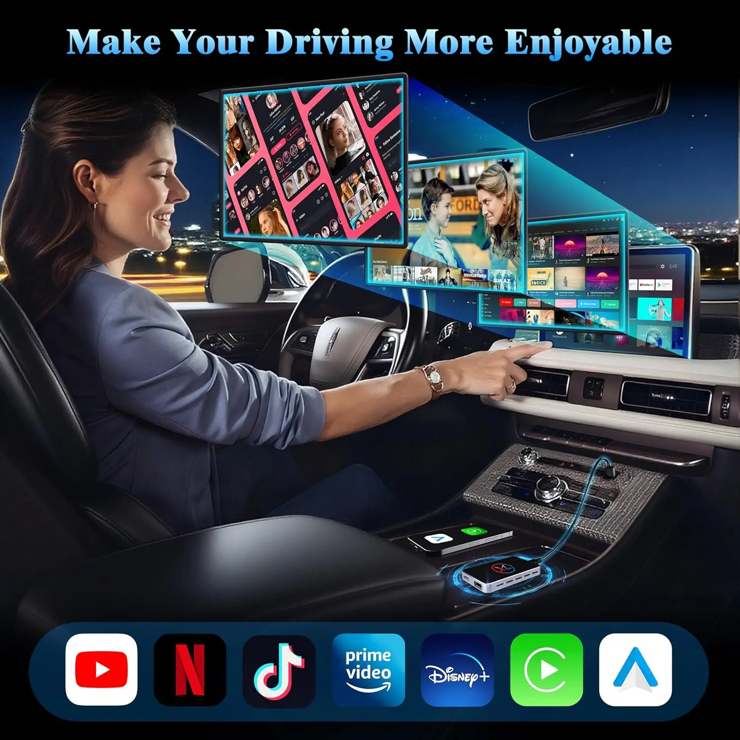 Adaptor CarPlay Nirkabel untuk iPhone, Kotak AI 3 in 1 Mendukung Apple CarPlay Kabel ke Nirkabel OEM, Android Auto·Penjualan Terlaris