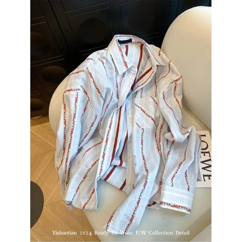 

SuperAen Sweet Striped Floral Polo-neck Long-sleeved Shirts for Women 2026 Spring New Simple Fashionable Casual Elegant Shirts
