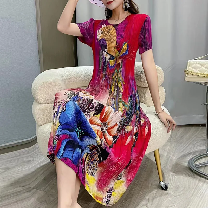 2023 Summer New Style Silk Printed Dress Women's Fashion Short Sleeves Round Neck Waist Shrinking Holiday Party Vestidos