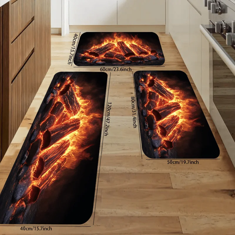 Pug Dog Burning Fire Logs Welcome Mat, Realistic Cozy Flames Christmas Decor, Non-Slip Washable Rug for Bedroom Living Room