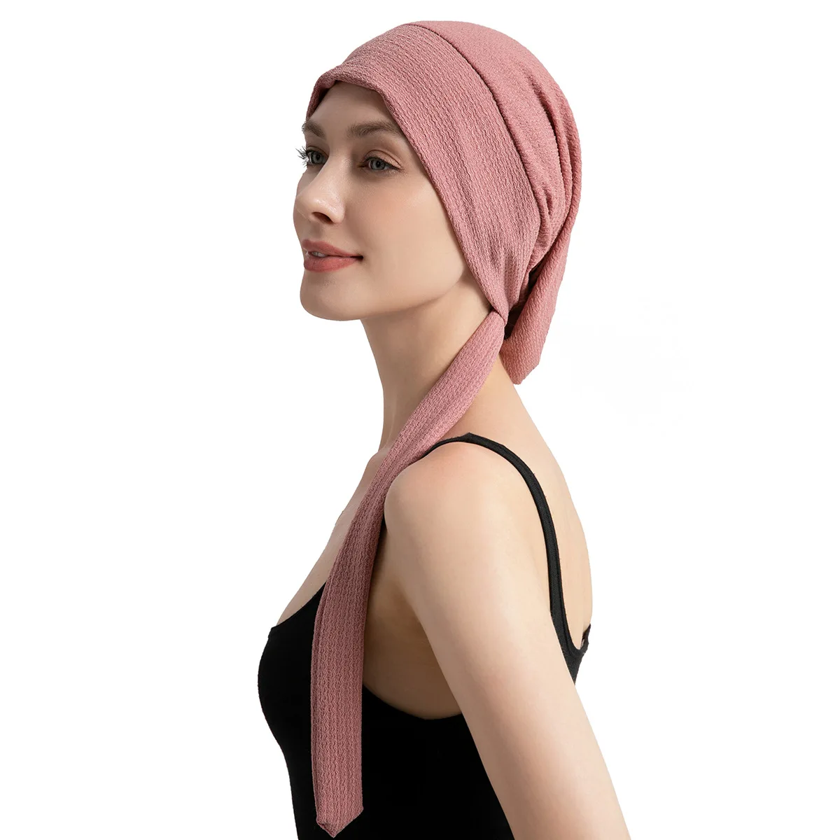 Solid Color Turban Hijab Hats Long Tail Head Wraps Elastic Muslim Hats Breathable Chemo Cap For Women Girls