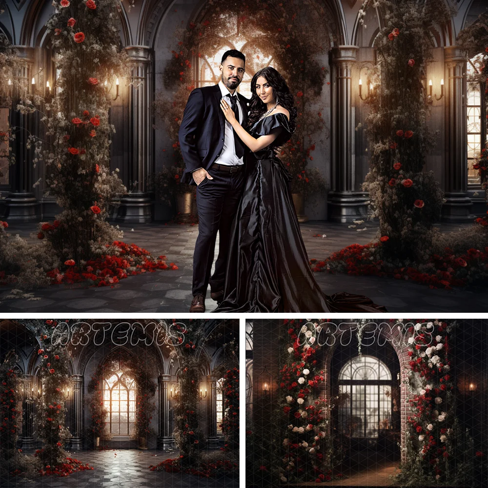 Valentine's Day Photography Backdrop Wedding Rose Lights Brick Wall Arched Doorways Gray Love Birthday Background Photo Studio