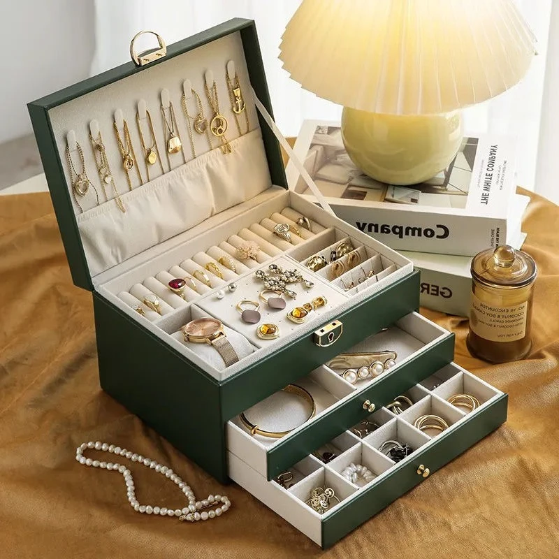 

Leather Jewelry Organizer with 2 Drawers Jewelry Display Box Earings Necklace Storage Case Bracelets Holder Women's Gift