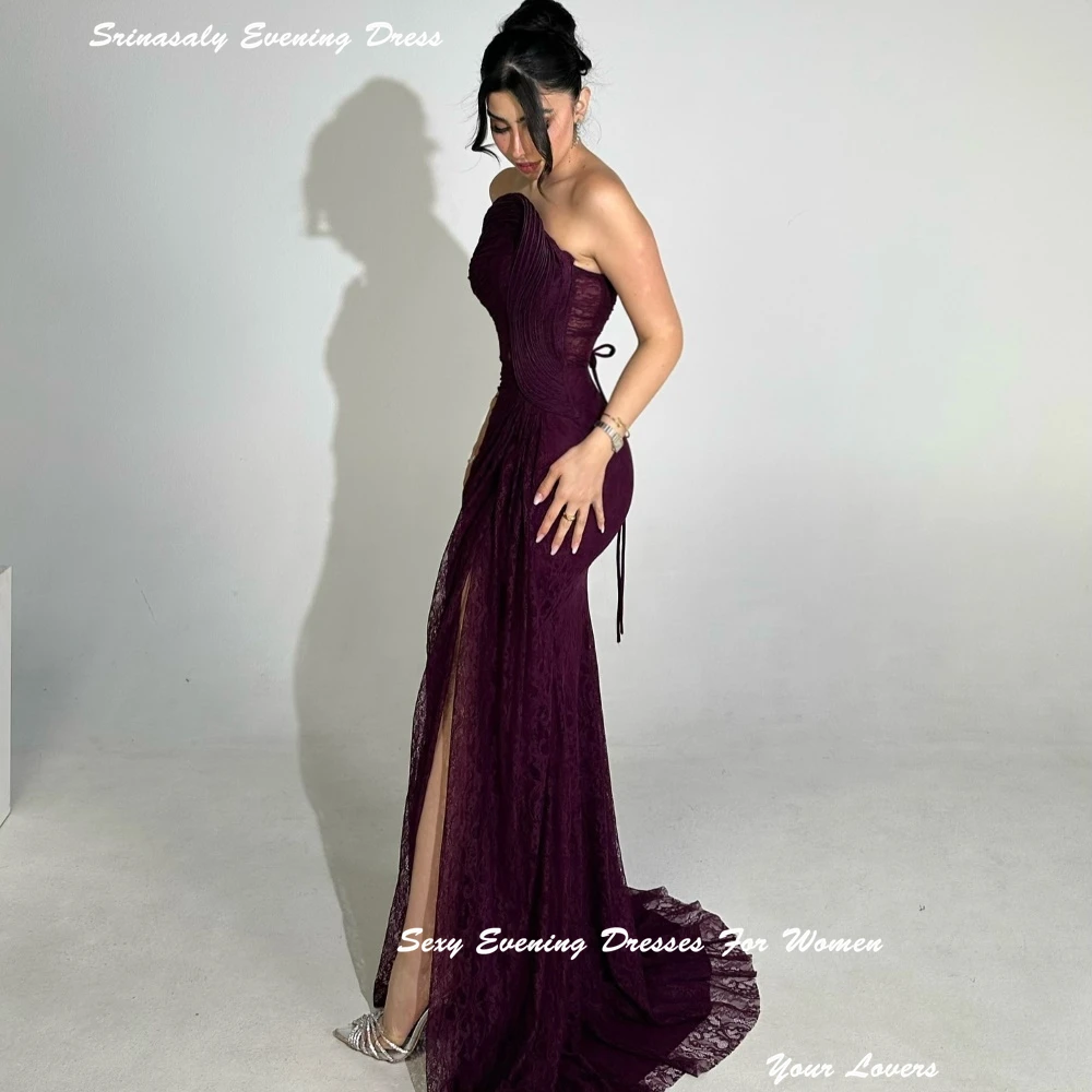 Strapless อย่างเป็นทางการ fساتة สีม่วงชุดราตรีเซ็กซี่ผู้หญิงสูงแยกค็อกเทลปาร์ตี้ชุดด้านข้างชุด