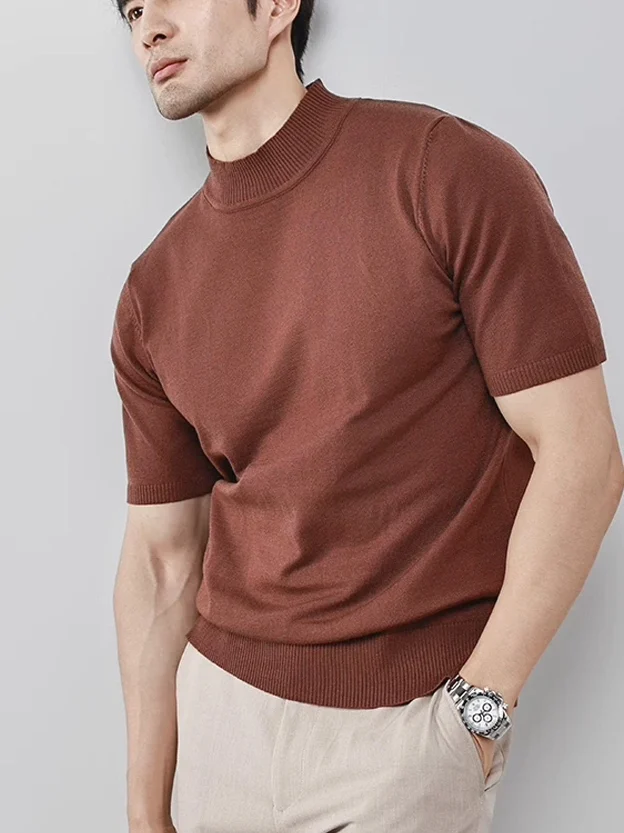 

American Sle Ice Silk Modal Slim Fit ort Sve Knitted irt f High Collar Sl Smooth Comfortable Breathable Swe...