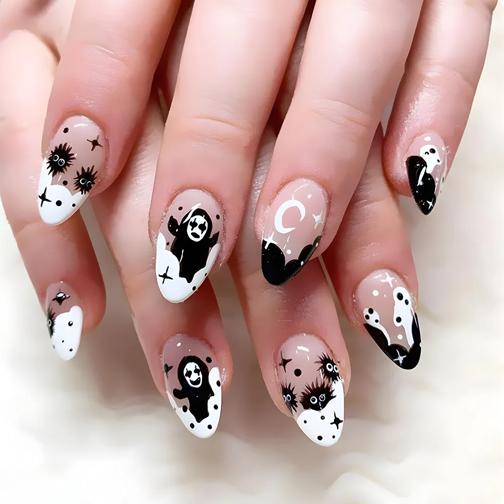 

24pcs Wearable Fake Nails Press on Bat Pattern Design Nails Mid-length Almond False Nail Art Simple White French Manicure Tips