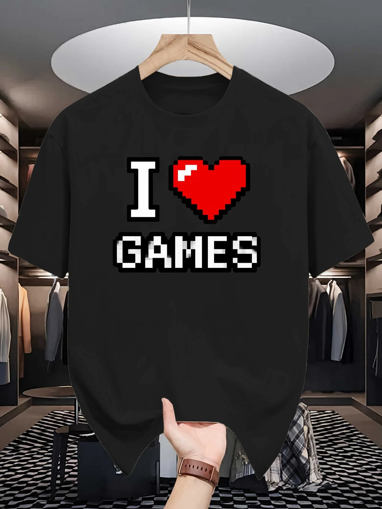 Mens Crew Neck T Shirt I Love Games Pixel Heart Retro 8 Bit Graphic Short Sleeve Casual Cotton Video Game Gamer Street Tees
