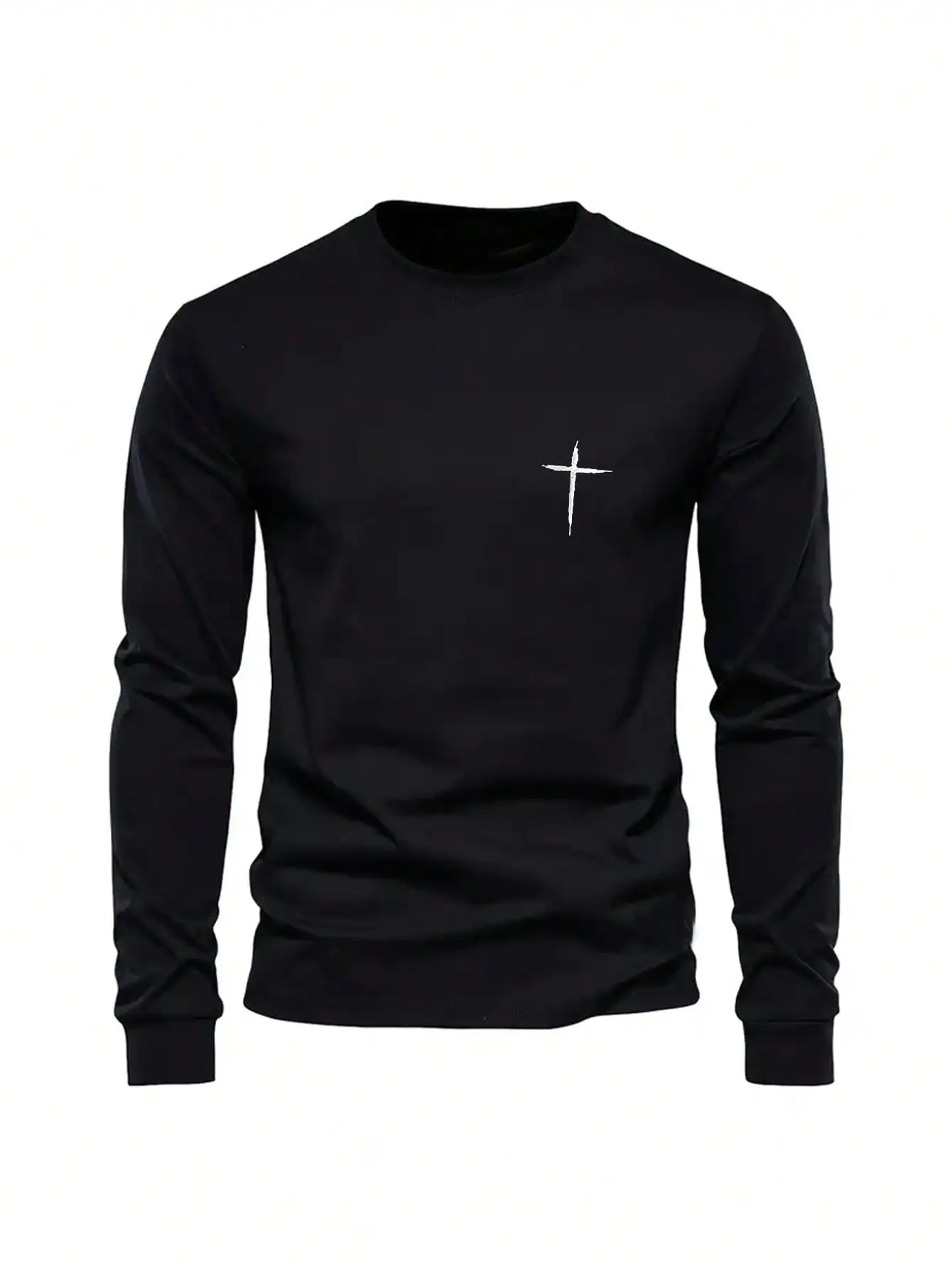 

Simple Cross Print Mens Long Sleeve Crew Neck T-Shirt Cotton Spring Autumn