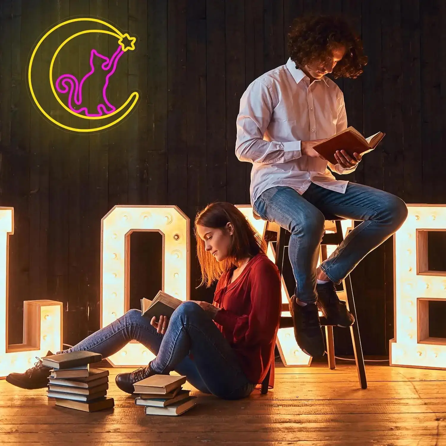 Stargazer chat lune néons-pour chambres d'animaux Art tenture murale chambre salon Bar décoration murale LED lumières décoratives